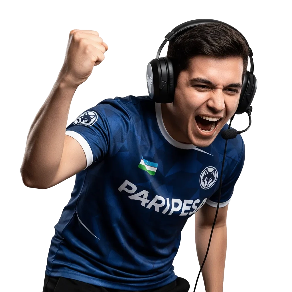 Paripesa O‘zbekistonda kibersport tikish banneri: mobil ilova, CS2/Dota 2/LoL/Valorant, 100% birinchi depozit bonusi.