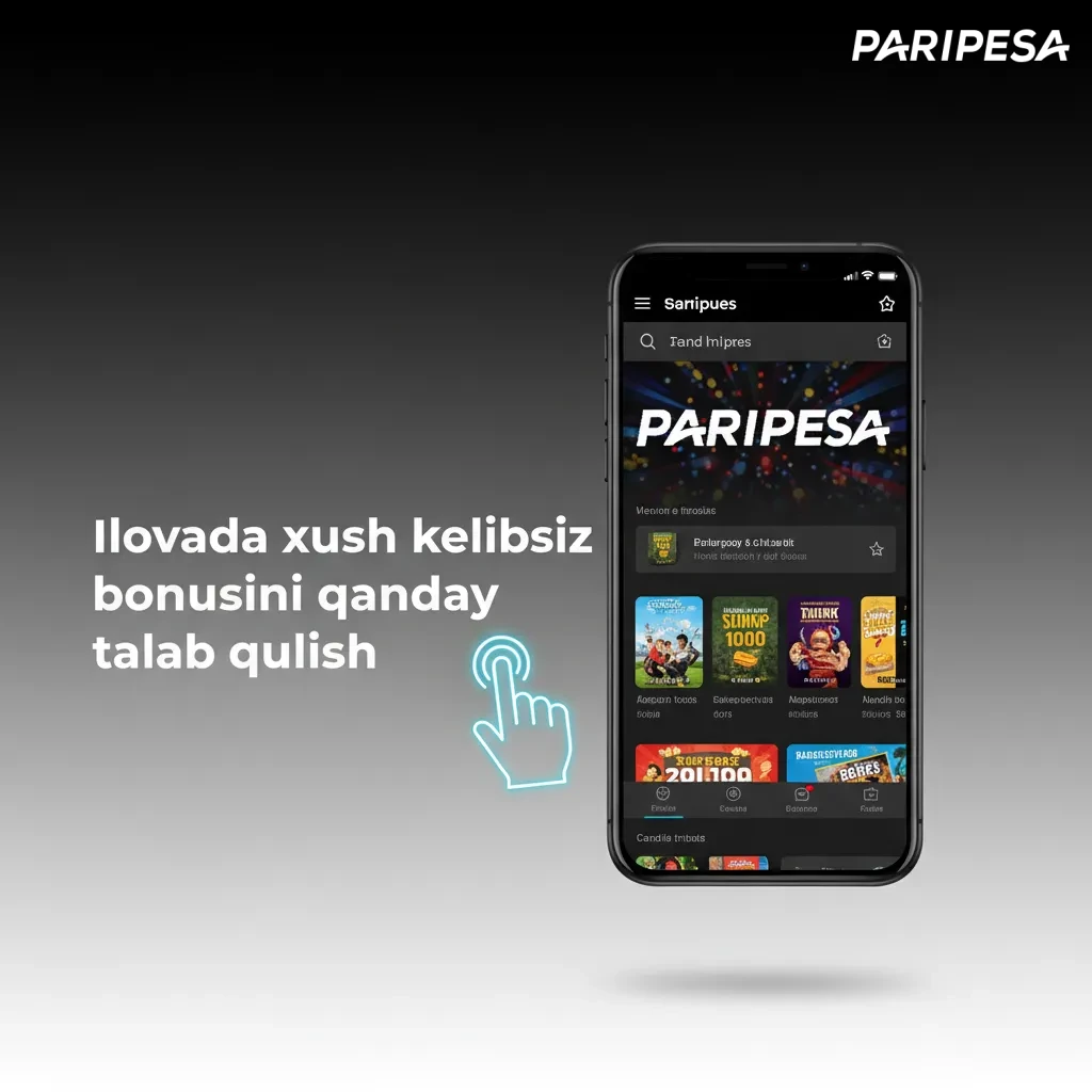 Paripesa ilovasida xush kelibsiz bonusini olish bo‘yicha qadamlar: yuklab olish, kirish, bonus tanlash, depozit, tekshirish.
