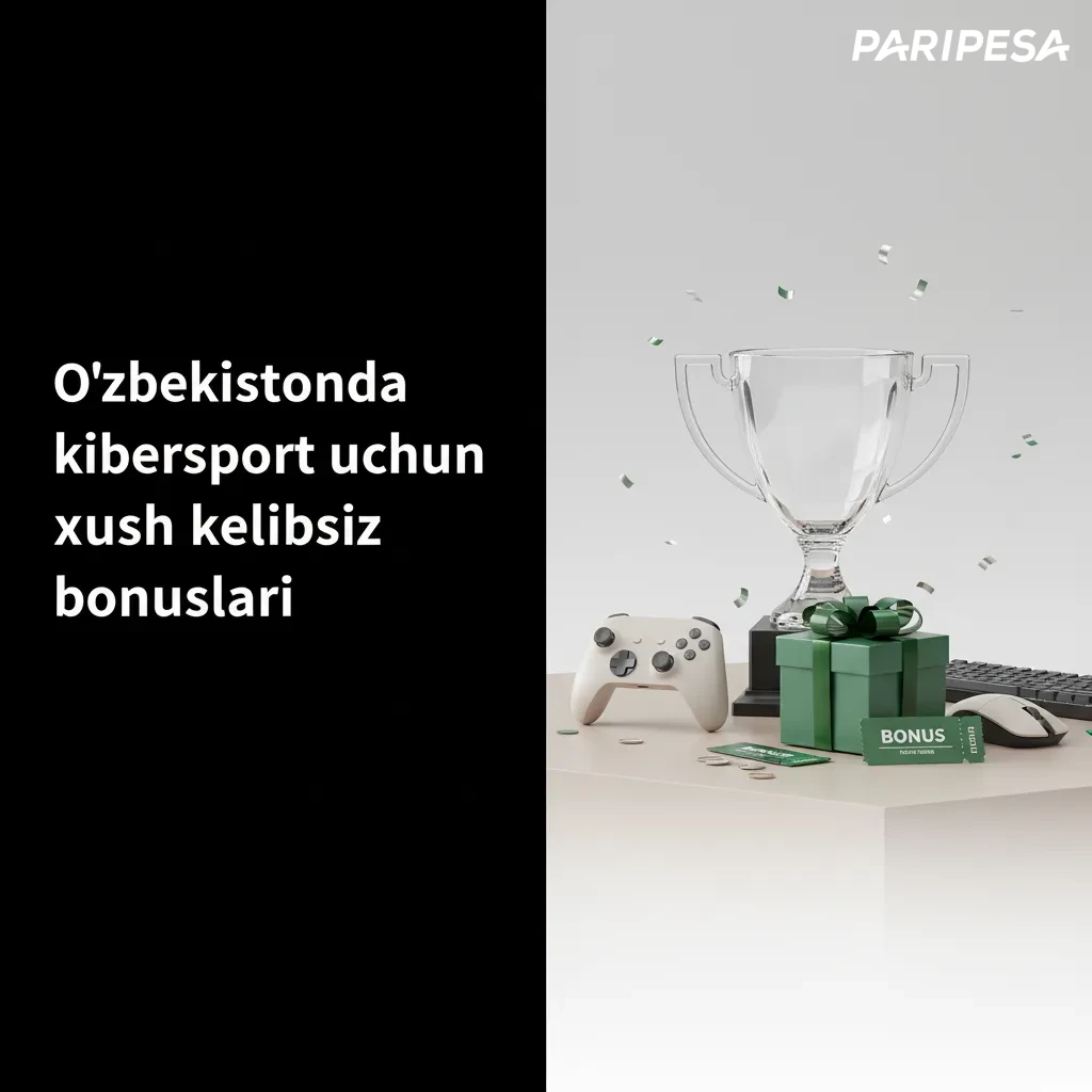O‘zbekistonda kibersport uchun 100% birinchi depozit bonusi va uni olish bosqichlari tasvirlangan banner