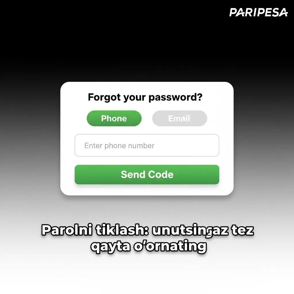 Kirish sahifasi va parolni tiklash bosqichlari: 'Parolni unutdingizmi?', kod, yangi parol, qayta kirish.