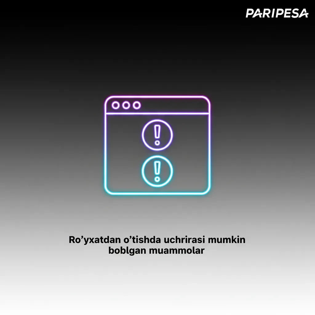 Infografika: ro‘yxatdan o‘tishdagi muammolar va yechimlar — SMS kod, email havola, dublikat akkaunt, hujjat, joylashuv.