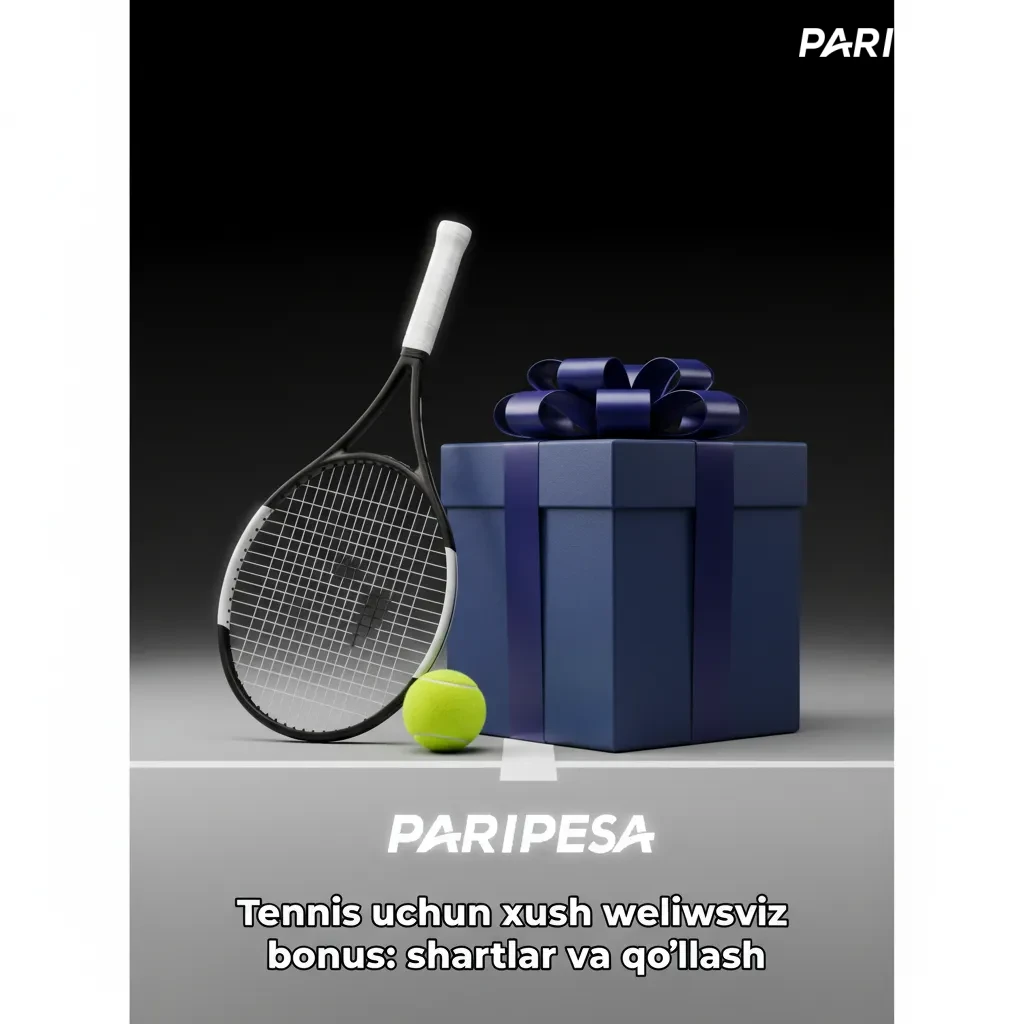 Tennis to‘pi yonida xush kelibsiz bonus banneri: 100% birinchi depozit, promo-kod, shartlar