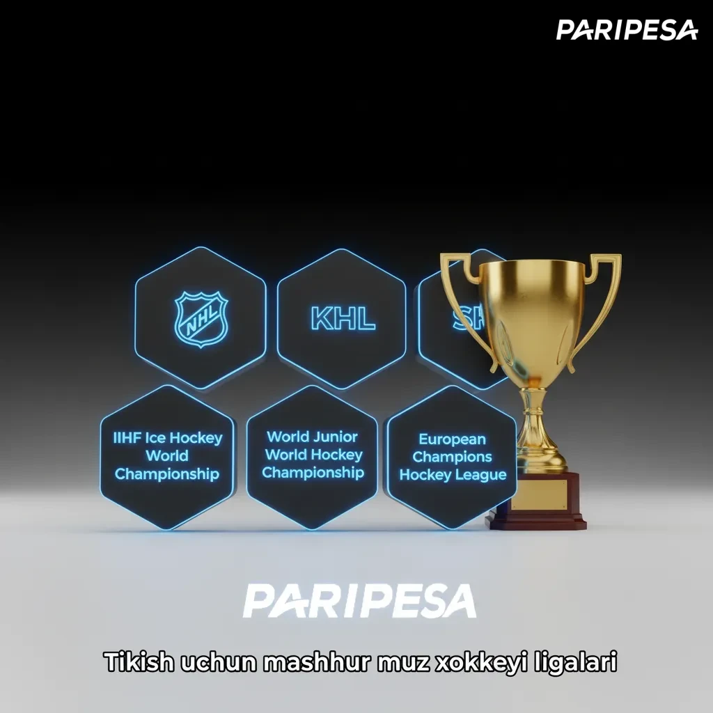 NHL, KHL, SHL, Liiga, CHL, IIHF va Olimpiada logotiplari; tikish uchun mashhur ligalar.