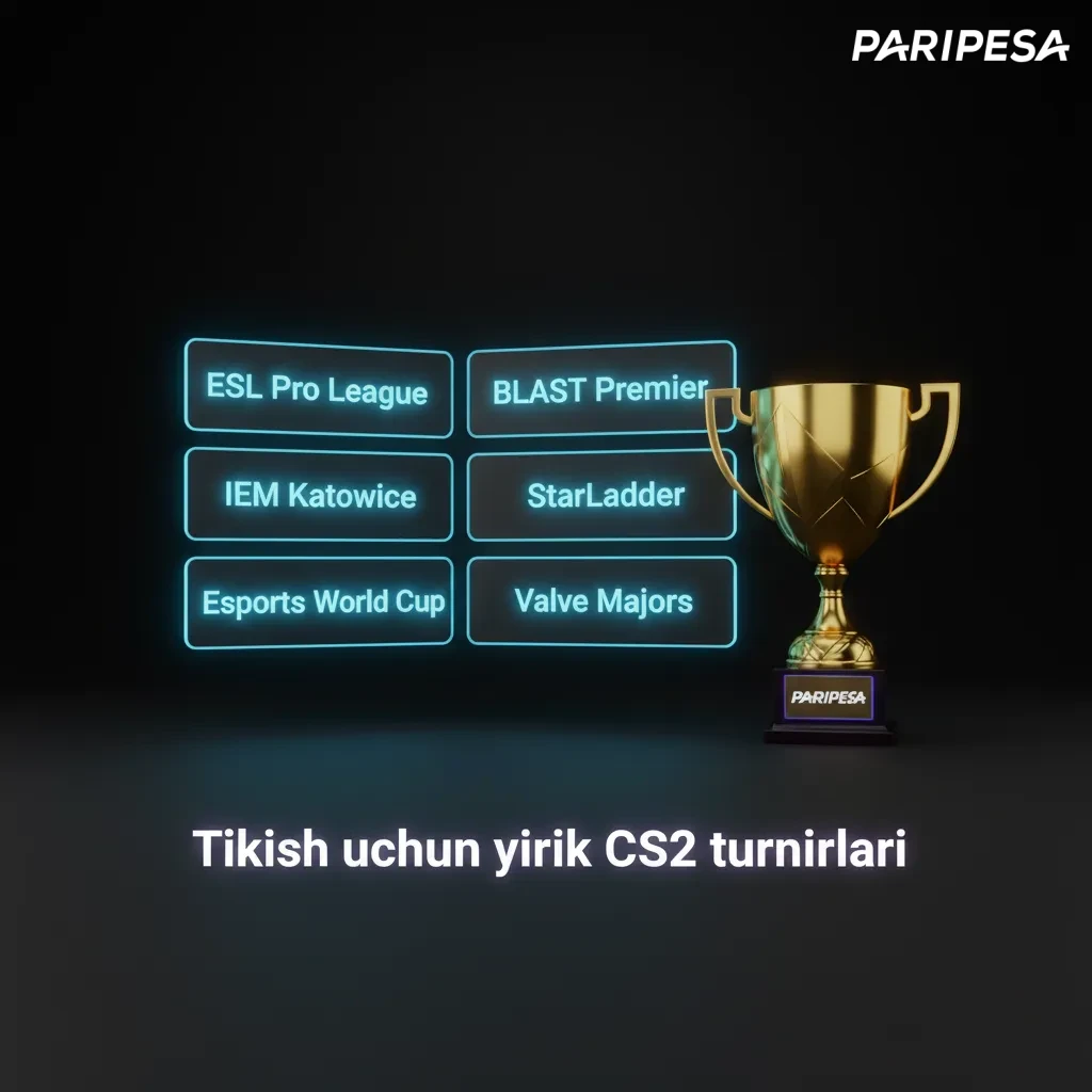 CS2 yirik turnirlari (ESL, BLAST, IEM, Majors) uchun jadval va jonli tikish imkonlari aks etgan banner.