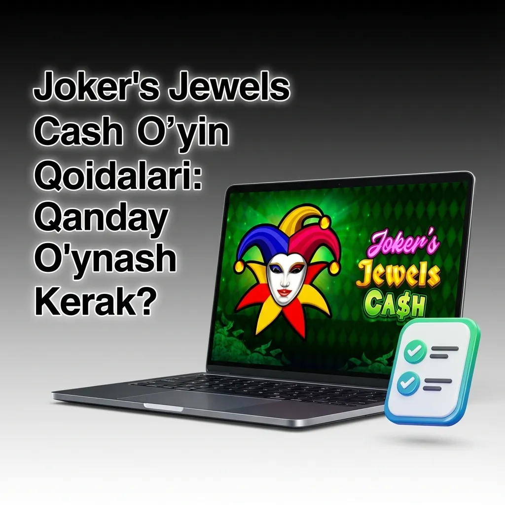 A colorful 5-reel slot machine interface showing spinning reels with joker and jewel symbols, bet controls, and spin button.